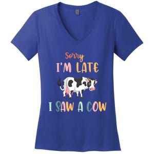 Funny Cow Lover Farmer Print Sorry I Am Late I Saw A Cow Gift Women's V-Neck T-Shirt