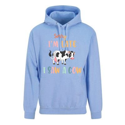 Funny Cow Lover Farmer Print Sorry I Am Late I Saw A Cow Gift Unisex Surf Hoodie