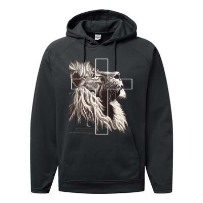 Faith Christianity Lion Cross Believer Jesus Lion Of Judah Christian Cross Performance Fleece Hoodie