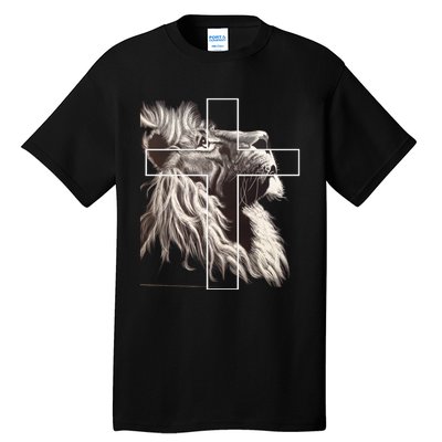 Faith Christianity Lion Cross Believer Jesus Lion Of Judah Christian Cross Tall T-Shirt