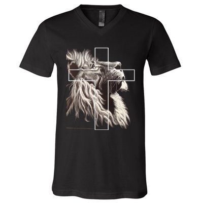 Faith Christianity Lion Cross Believer Jesus Lion Of Judah Christian Cross V-Neck T-Shirt