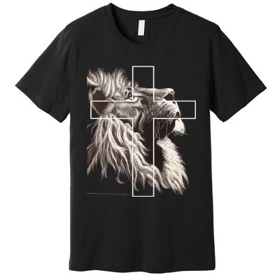 Faith Christianity Lion Cross Believer Jesus Lion Of Judah Christian Cross Premium T-Shirt