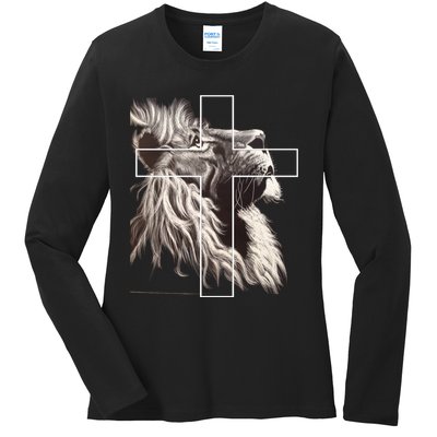 Faith Christianity Lion Cross Believer Jesus Lion Of Judah Christian Cross Ladies Long Sleeve Shirt