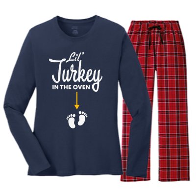 Funny Cute Lil Turkey In The Oven Pregnancy Graphics Women's Long Sleeve Flannel Pajama Set 