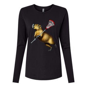 Funny Capybara Lacrosse Mom Graphic Tees Matching Lacrosse Womens Cotton Relaxed Long Sleeve T-Shirt