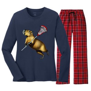 Funny Capybara Lacrosse Mom Graphic Tees Matching Lacrosse Women's Long Sleeve Flannel Pajama Set 