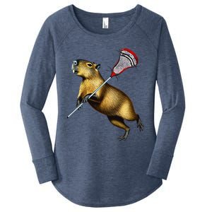 Funny Capybara Lacrosse Mom Graphic Tees Matching Lacrosse Women's Perfect Tri Tunic Long Sleeve Shirt