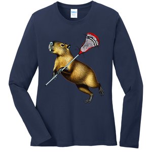 Funny Capybara Lacrosse Mom Graphic Tees Matching Lacrosse Ladies Long Sleeve Shirt