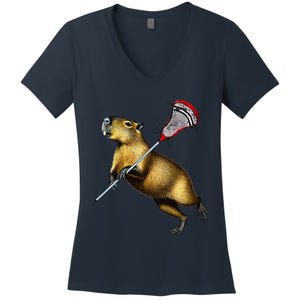 Funny Capybara Lacrosse Mom Graphic Tees Matching Lacrosse Women's V-Neck T-Shirt