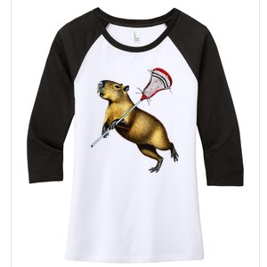 Funny Capybara Lacrosse Mom Graphic Tees Matching Lacrosse Women's Tri-Blend 3/4-Sleeve Raglan Shirt