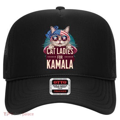 Funny Cat Ladies For Kamala American Flag Cute Cat Gift High Crown Mesh Back Trucker Hat
