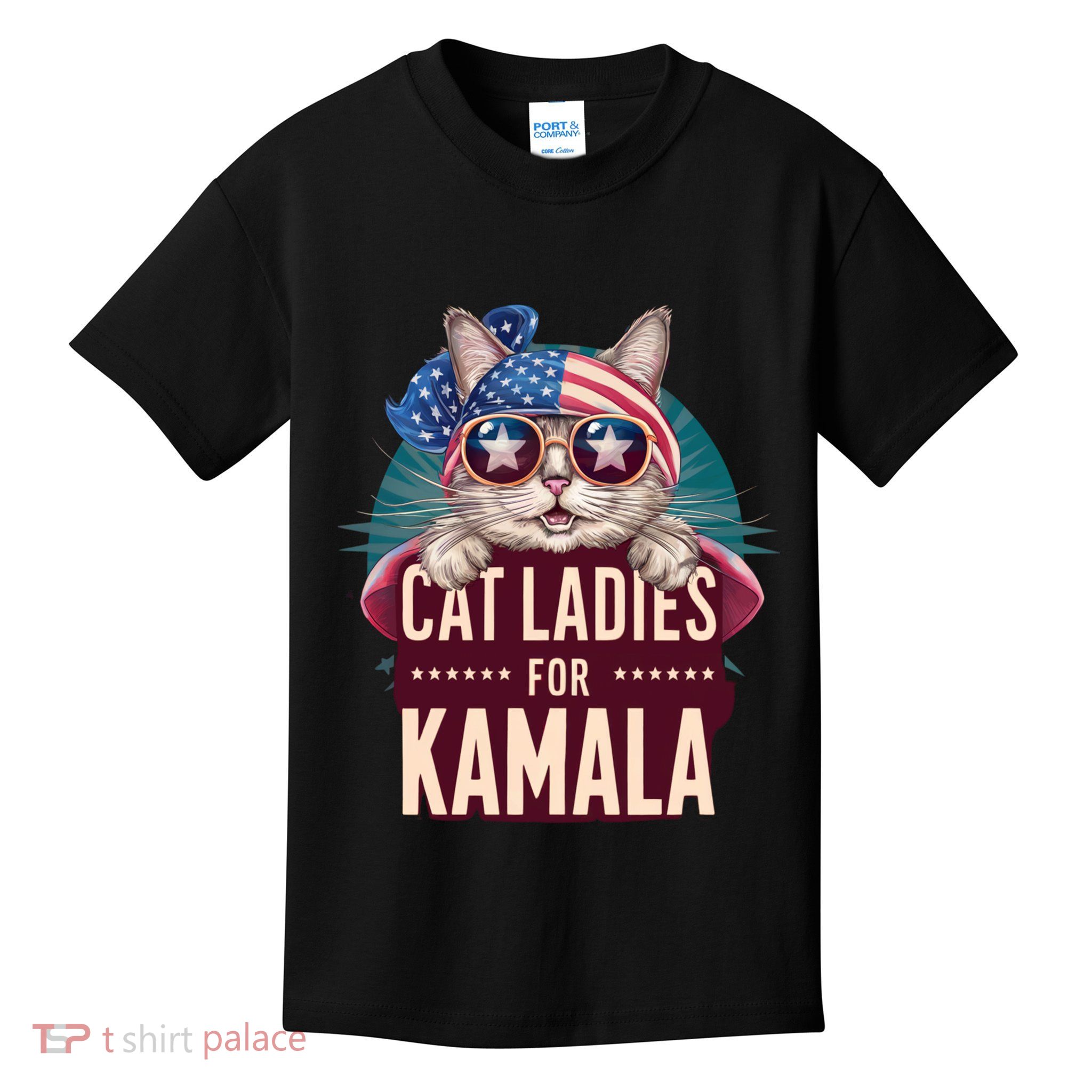 Funny Cat Ladies For Kamala American Flag Cute Cat Gift Kids T-Shirt