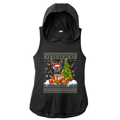 Funny Christmas Lights Yorkie Dog Funny Xmas Ugly Sweater Gift Ladies PosiCharge Tri-Blend Wicking Draft Hoodie Tank