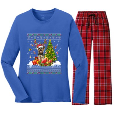 Funny Christmas Lights Yorkie Dog Funny Xmas Ugly Sweater Gift Women's Long Sleeve Flannel Pajama Set 