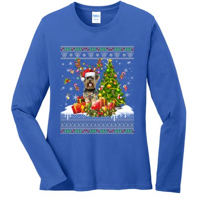 Funny Christmas Lights Yorkie Dog Funny Xmas Ugly Sweater Gift Ladies Long Sleeve Shirt