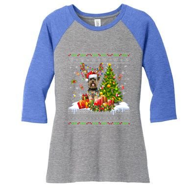 Funny Christmas Lights Yorkie Dog Funny Xmas Ugly Sweater Gift Women's Tri-Blend 3/4-Sleeve Raglan Shirt