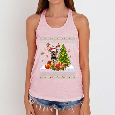 Funny Christmas Lights Yorkie Dog Funny Xmas Ugly Sweater Gift Women's Knotted Racerback Tank