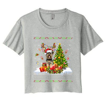 Funny Christmas Lights Yorkie Dog Funny Xmas Ugly Sweater Gift Women's Crop Top Tee