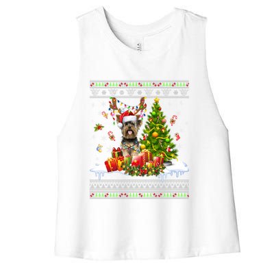 Funny Christmas Lights Yorkie Dog Funny Xmas Ugly Sweater Gift Women's Racerback Cropped Tank