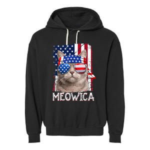 Funny Cat Lover 4th Of July Meowica American Flag Garment-Dyed Fleece Hoodie