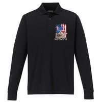 Funny Cat Lover 4th Of July Meowica American Flag Performance Long Sleeve Polo