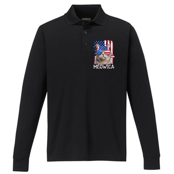 Funny Cat Lover 4th Of July Meowica American Flag Performance Long Sleeve Polo