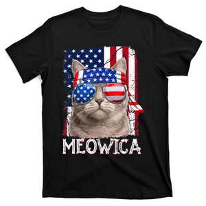 Funny Cat Lover 4th Of July Meowica American Flag T-Shirt