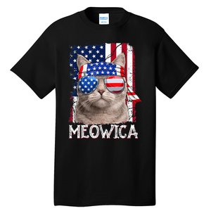 Funny Cat Lover 4th Of July Meowica American Flag Tall T-Shirt