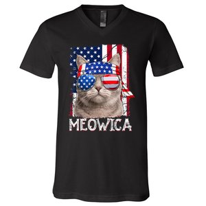 Funny Cat Lover 4th Of July Meowica American Flag V-Neck T-Shirt