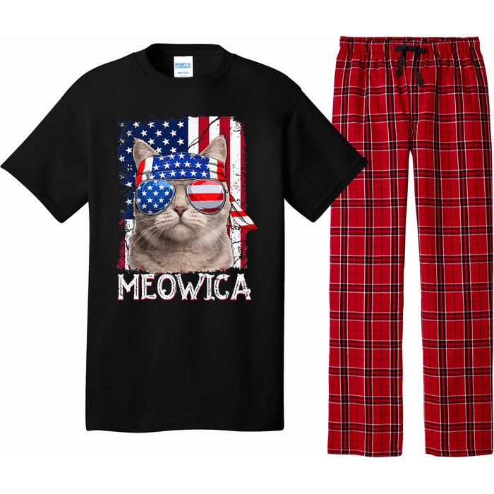 Funny Cat Lover 4th Of July Meowica American Flag Pajama Set