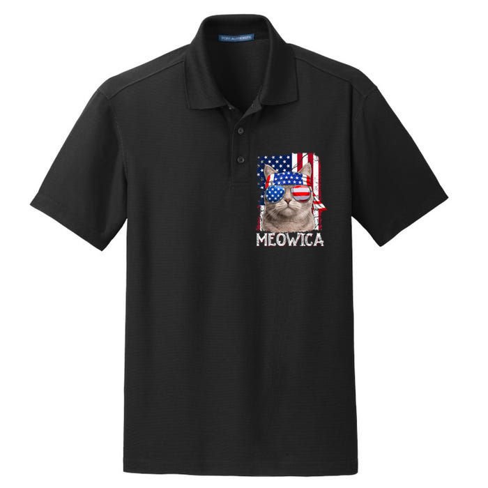 Funny Cat Lover 4th Of July Meowica American Flag Dry Zone Grid Polo