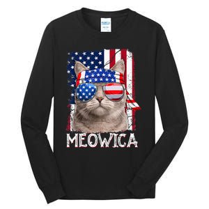 Funny Cat Lover 4th Of July Meowica American Flag Tall Long Sleeve T-Shirt