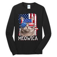 Funny Cat Lover 4th Of July Meowica American Flag Tall Long Sleeve T-Shirt