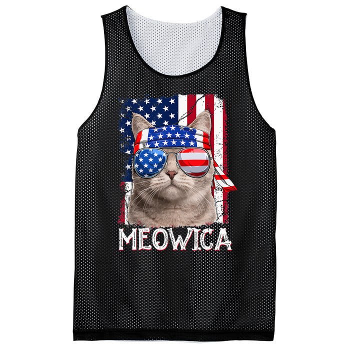 Funny Cat Lover 4th Of July Meowica American Flag Mesh Reversible Basketball Jersey Tank