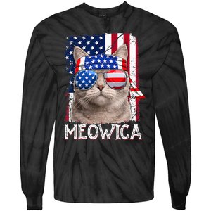 Funny Cat Lover 4th Of July Meowica American Flag Tie-Dye Long Sleeve Shirt