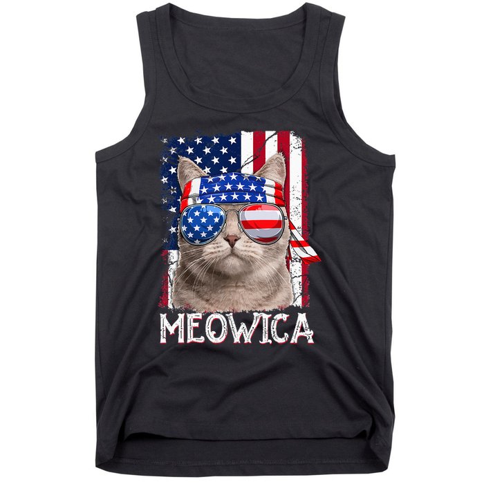 Funny Cat Lover 4th Of July Meowica American Flag Tank Top