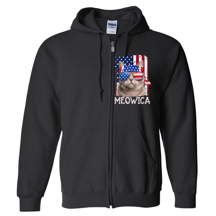 Funny Cat Lover 4th Of July Meowica American Flag Full Zip Hoodie