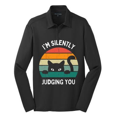 Funny Cats Lover Gifts I'm Silently Judging You Black Cat Silk Touch Performance Long Sleeve Polo