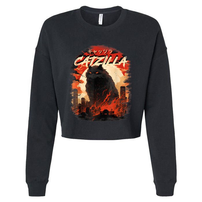 Funny Cat Lover Catzilla Cat Humor Cat Cropped Pullover Crew