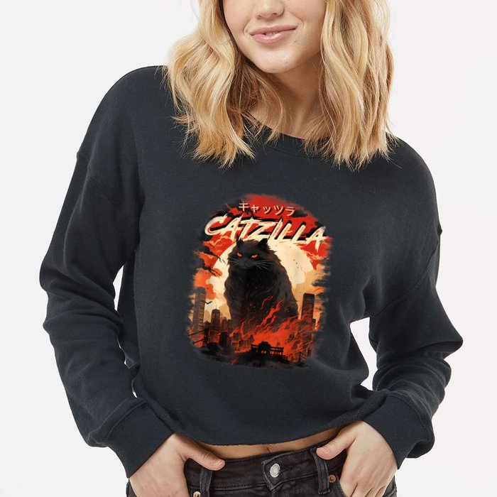 Funny Cat Lover Catzilla Cat Humor Cat Cropped Pullover Crew