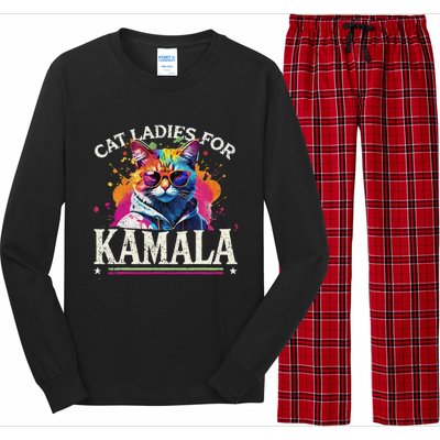 Funny Cat Ladies For Kamala 2024 Hipster Cat For Harris Long Sleeve Pajama Set