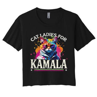 Funny Cat Ladies For Kamala 2024 Hipster Cat For Harris Women's Crop Top Tee