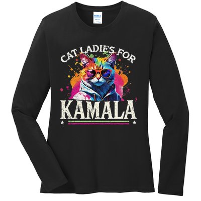 Funny Cat Ladies For Kamala 2024 Hipster Cat For Harris Ladies Long Sleeve Shirt