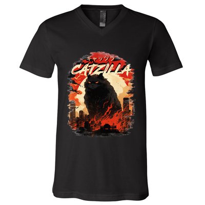 Funny Cat Lover Catzilla Cat Humor Cat V-Neck T-Shirt