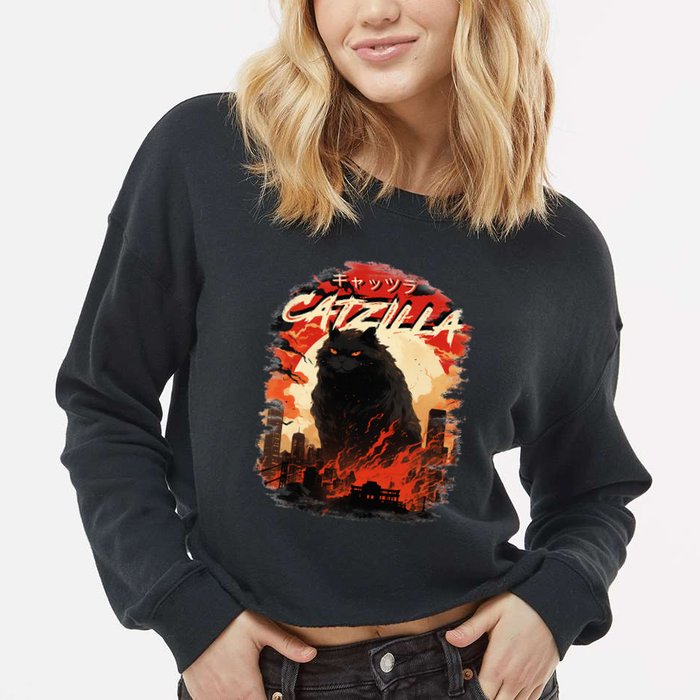 Funny Cat Lover Catzilla Cat Humor Cat Cropped Pullover Crew