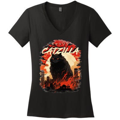 Funny Cat Lover Catzilla Cat Humor Cat Women's V-Neck T-Shirt