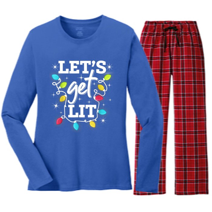 Funny Christmas Lets Get Lit Ing Xmas Holiday Cool Gift Women's Long Sleeve Flannel Pajama Set 