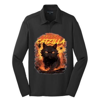 Funny Cat Lover Catzilla Cat Humor Cat Silk Touch Performance Long Sleeve Polo