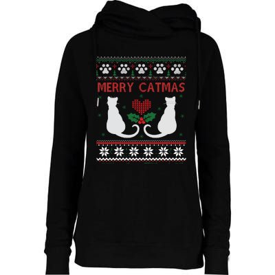 Funny Cat Lover Merry Catmas Ugly Christmas Womens Funnel Neck Pullover Hood