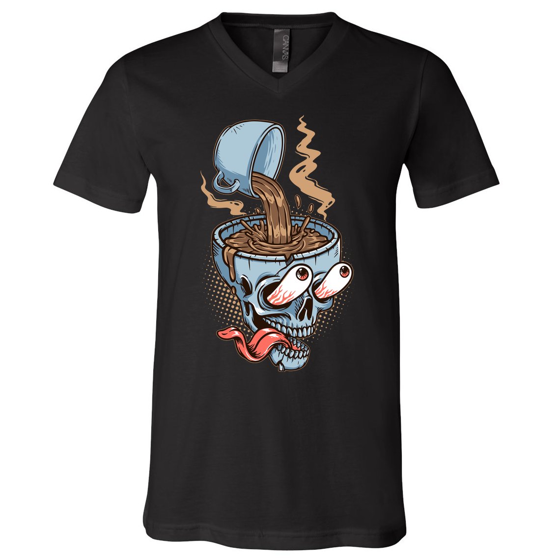 Funny Coffee Lover Addict Skull V-Neck T-Shirt
